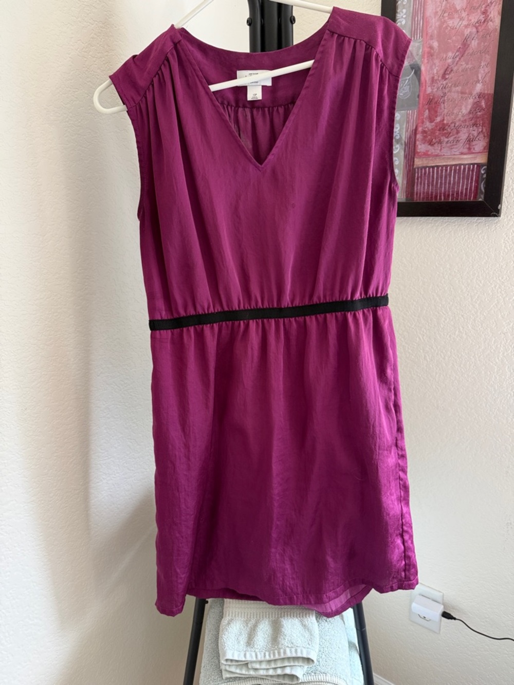 LOFT Magenta Sleeveless V-Neck Mini Dress with Black Waistband